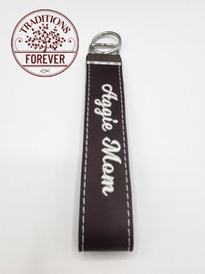 AGGIE MOM | Premium Keychain Fob | Embroidered Stitching | WHITE